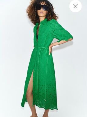 H&M Eyelet Shirt Dress with Tie Waist in Green